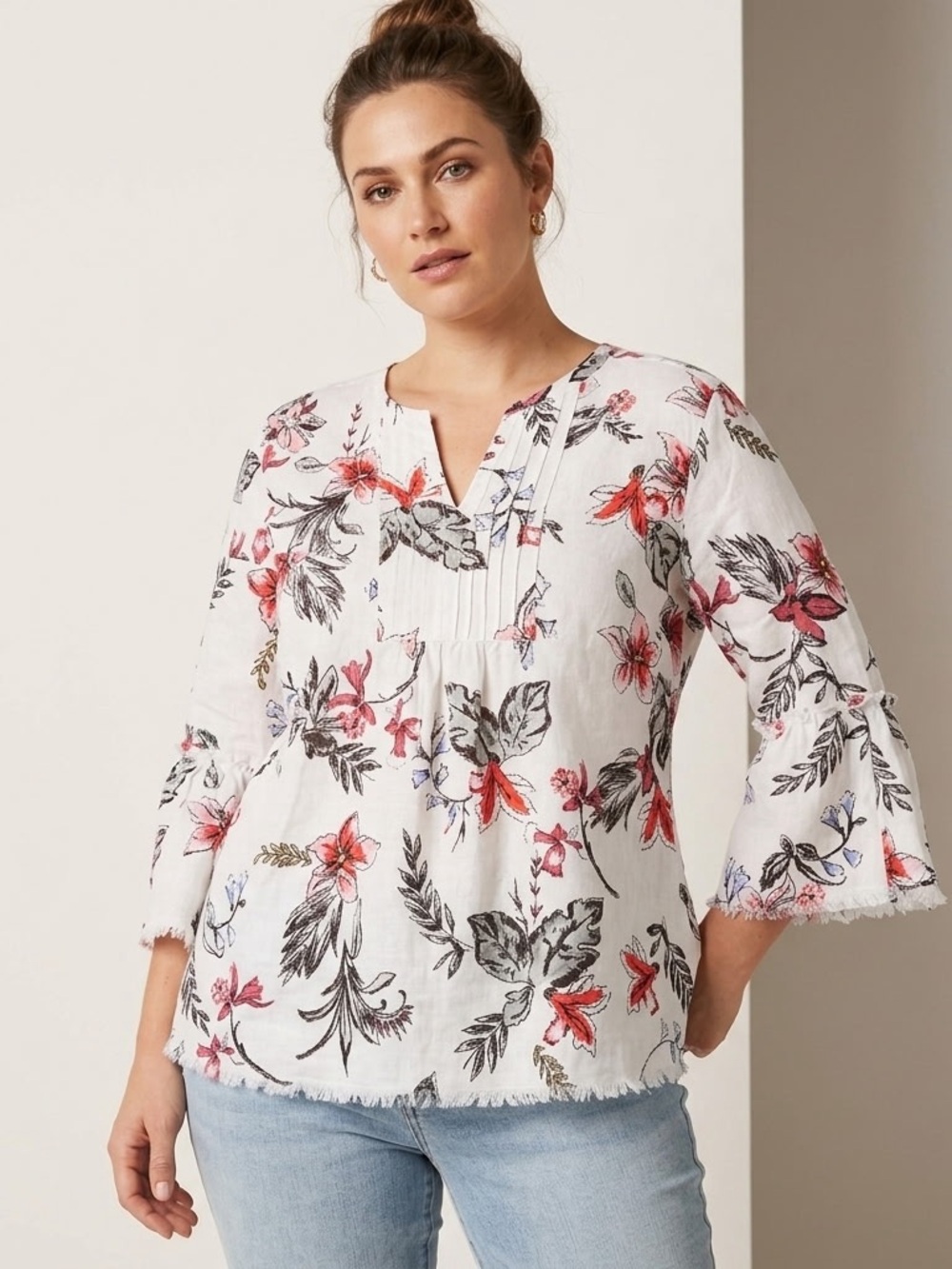 John Mark 100% Linen White Floral Blouse with Red and Green Accents Raw Hem